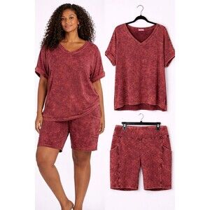 Zenana Acid Wash Top T Shirt Biker Shorts 3X Cabernet Color Set 2 Piece